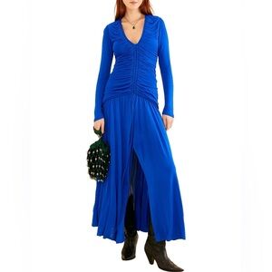 NWT Farm Rio Bright Blue Neckline Long Sleeve Ruched Midi Dress, Size XS